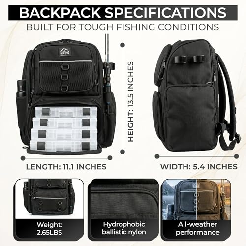Fishing Backpack with Rod Holders and 4 Tackle Boxes, Waterproof Large Tackle Bag with 6 Pockets, Adjustable Dividers, Reinforced Base, Back Pack with Storage Boxes for Fishing Gear