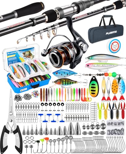 PLUSINNO Fishing Gear - Telescopic Fishing Rod and Reel Combo with Tackle Box, Collapsible Rod and Lures Box, Travel Fish Pole Starter Kit, Fishing Accessories Tackle Lure Kit Gifts for Men Bass Trout - color: Rod combo with 373pcs box, size: 2.1m 6.89ft