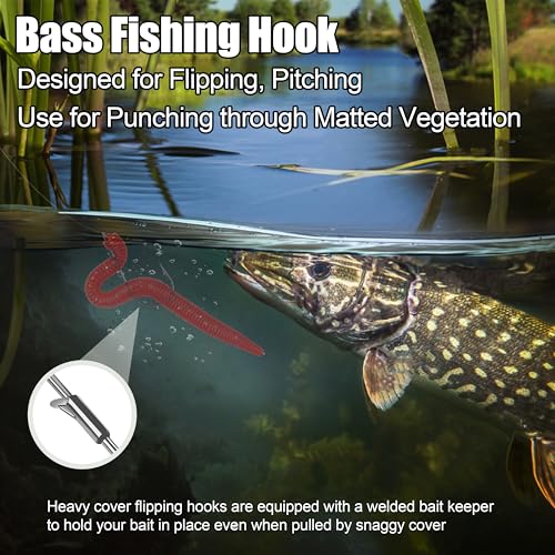 Fishing Worm Hooks - Heavy Cover Flipping Hooks with Bait Keeper Straight Shank Worm Hook Bass Fishing Drop Shot Hook Weedless Wacky Neko Rig Hooks Punching Pitching Bait Hooks Freshwater