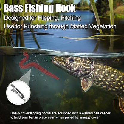 Fishing Worm Hooks - Heavy Cover Flipping Hooks with Bait Keeper Straight Shank Worm Hook Bass Fishing Drop Shot Hook Weedless Wacky Neko Rig Hooks Punching Pitching Bait Hooks Freshwater