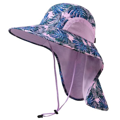 BASSDASH UPF 50+ Unisex Water Resistant Wide Brim Sun Hat with Large Neck Flap Ponytail Fishing Hat for Men Women - color: Palm Leaves/Light Purple