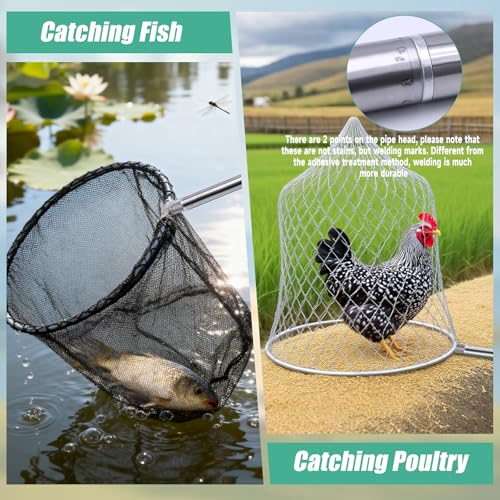 2 Sets Chicken Catching Net Extra Thick 2 Poles 5.25 FT Poultry Fishing Net Extendable Landing Animal Catcher for Bird, Chicken, Goose, Ducks, Fish(2 Nets, 1 Hook, 2 Poles, 46 Inches)