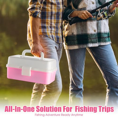 RoundFunny 3 Layers Fishing Tackle Box 414 Pcs Fishing Gift Lures Gear Kit with Tackle Included Pliers Lip Gripper Bait Hook Accessories for Beginner Fisherman Women Men, Fit Bass Trout - color: Pink