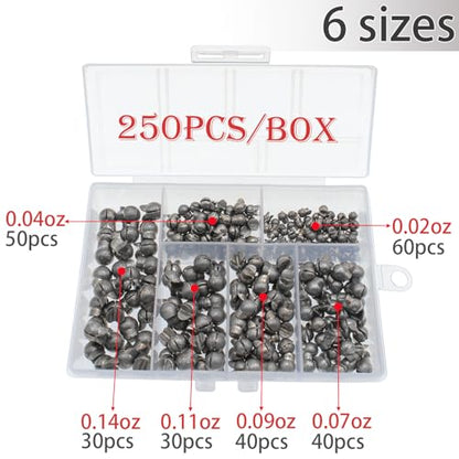 250/180Pcs Split Shot Fishing Weights Sinkers, Round Open Mouth Design Fishing Weight Clip on Sinker Weight Freshwater Saltwater Fishing Accessories Gift for Fishing Lovers - color: 250pcs - 0.02oz/0.04oz/0.07oz/0.09oz/0.11oz/0.14oz