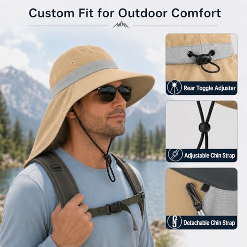 Palmyth Fishing Hat UPF 50+ Sun Protection Neck Flap Hat for Men and Women | Cooling Neck Flap, Water Resistant, Wide Brim, Detachable Chin Strap, Breathable Mesh, Sweatband, Adjustable Buckle, Packable - color: Khaki