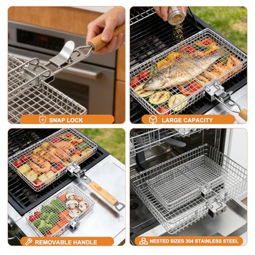 Fish Grill Basket for Outdoor Grill, Stainless Steel ，Removable Wooden Handle, Locking Grill Basket for Fish, Shrimp & Vegetables, Portable Camping BBQ Accessories for Charcoal Grill, Backyard BBQ, Cookout & Tailgating