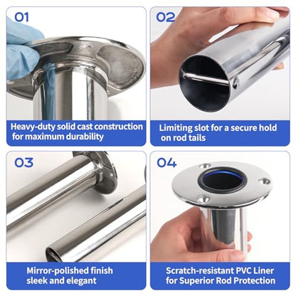 2 Pack Fishing Rod Holders, Heavy Duty Stainless Steel Flush Mount Rod Holders with Liner, Available in 15° 30° 90° for Boats & Yachts