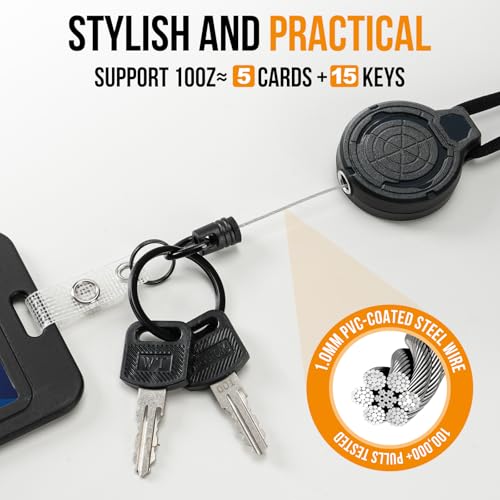 DELSWIN Heavy Duty Retractable Lanyard - Breakaway Lanyards for ID Badges Keys, Retractable Keychain with Upgraded Carabiner, Key Ring, and Lobster Clasp, Bearing 10.0 oz - color: New Carabiner