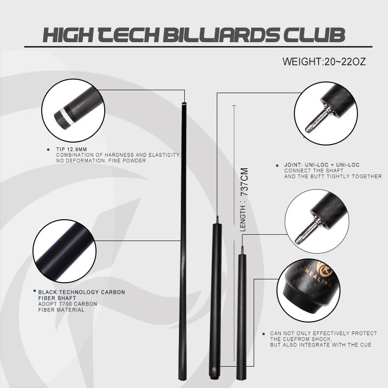 58" Carbon Fiber Pool Cue with 12.4mm Tip - Includes Premium Case & Glove for Amateur & Professional Players (Black-2)