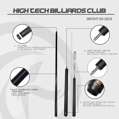 58" Carbon Fiber Pool Cue with 12.4mm Tip - Includes Premium Case & Glove for Amateur & Professional Players (Black-2)