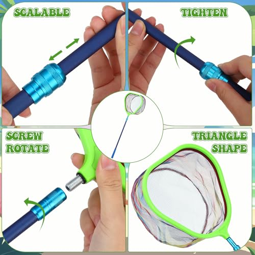 2 Pack Telescopic Kids Fishing Net with Handle, 2 Collapsible Bucket Sand Pail, Stainless Steel Foldable Fishing Net Small Fishing Butterfly Bug Net Beach Shovel with Storage Bag - color: Blue Yellow Green