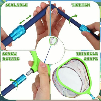 2 Pack Telescopic Kids Fishing Net with Handle, 2 Collapsible Bucket Sand Pail, Stainless Steel Foldable Fishing Net Small Fishing Butterfly Bug Net Beach Shovel with Storage Bag - color: Blue Yellow Green