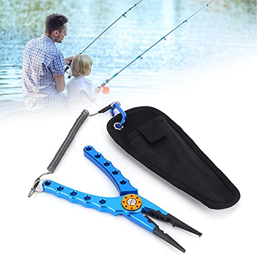 Fishing Pliers Saltwater, Split Pliers Hook Remover, with Safety Lock, Split Pliers Tools, with Sheath and Lanyard, Aluminum Alloy Multi Function Fish Tools - color: Blue