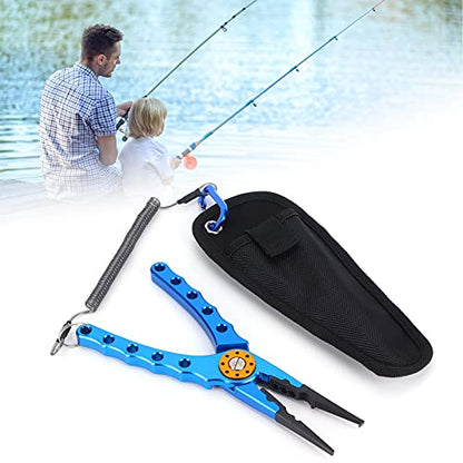 Fishing Pliers Saltwater, Split Pliers Hook Remover, with Safety Lock, Split Pliers Tools, with Sheath and Lanyard, Aluminum Alloy Multi Function Fish Tools - color: Blue