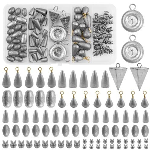Fishing Weights Sinkers Kit, 87pcs Assorted Drop Shot Weights Split Shot Sinkers Bullet Coin Pyramid Weights Saltwater Casting Fishing Sinkers Assortment Set with Tackle Box