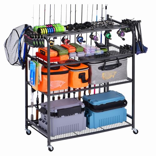Fishing Rod Holder for Garage, Fishing Pole Holders for 15 Rods 38 * 17", Fishing Rod Rack Basement, Fishing Pole Rack Metal Black with Big Wheels, 4-Tier