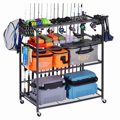 Fishing Rod Holder for Garage, Fishing Pole Holders for 15 Rods 38 * 17", Fishing Rod Rack Basement, Fishing Pole Rack Metal Black with Big Wheels, 4-Tier