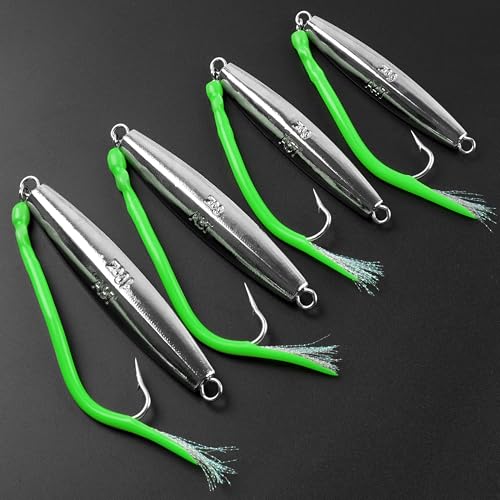 Diamond Jig Saltwater Fishing Lures Casting Jigging Spoon with Tube Tail Stainless Steel Hooks Trolling Lures Striped Bass Metal Jig for Deep Sea Surf Fishing Bottom Dragging Sinking - color: Green, size: 8 oz