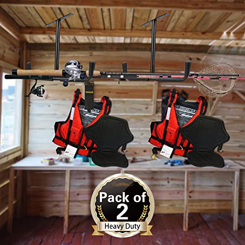 2 Set Overhead Garage Storage Rack, Heavy Duty Overhead Storage Double Hook, Ceiling Mount Hanger Safe Racks Hooks, Hanging for Lumber Ladder Storage & Other Bulky Items (Pack of 2 - Black) - size: Width 16.5in/42cm 2 pack