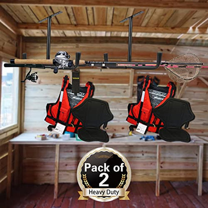 2 Set Overhead Garage Storage Rack, Heavy Duty Overhead Storage Double Hook, Ceiling Mount Hanger Safe Racks Hooks, Hanging for Lumber Ladder Storage & Other Bulky Items (Pack of 2 - Black) - size: Width 16.5in/42cm 2 pack