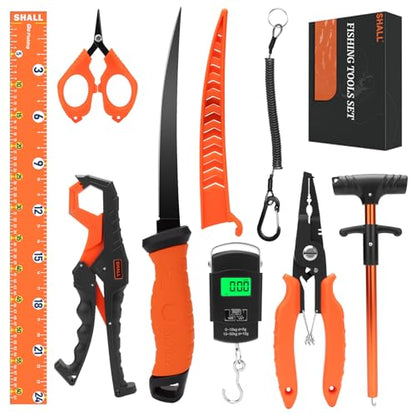 SHALL Fishing Tool Kit, Corrosion Resistant Fishing Gear and Equipment - Fishing Pliers, Fillet Knife, Fishing Scissors, Fish Lip Gripper, Fishing Ruler, Lanyard - Premium Fishing Tools for Men Women - style: 8-Piece Fishing Tool Kit