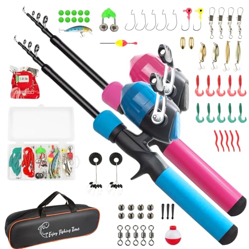 Kids Fishing Pole Kit, 59'' Telescopic Rod and Reel Beginner Combo with Spincast Reel,Tackle Box, Carrier Bag,Fishing Gear for Boys,Girls, Toddler,Youth - color: Blue+Pink