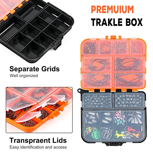 PLUSINNO 253/387pcs Fishing Gear Accessories Kit, Fishing Tackle Box with Tackle Included, Fishing Hooks, Fishing Weights Sinkers, Spinner Blade, Fishing Equipment for Bass Trout Bluegill Crappie - color: 201pcs Fishing Accessories Kit