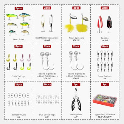 MadBite by KastKing 182/265/400pcs Compact Fishing Tackle Kit - All-in-One Freshwater Hooks, Weights, Bobbers in Tackle Box, Fishing Gear Set for Bass Trout Panfish - style: 71pcs Freshwater Lure Kit