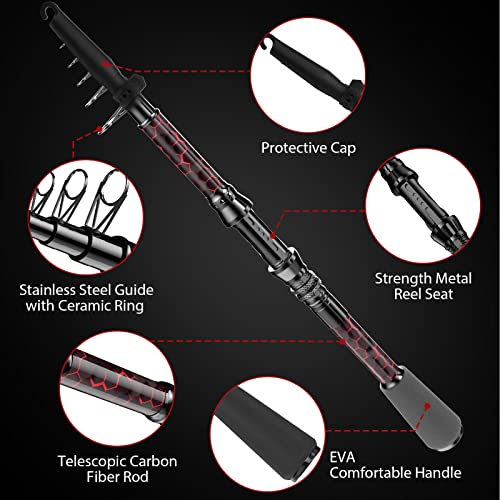 Fishing Rod and Reel Combos, Unique Design with X-Warping Painting, Carbon Fiber Telescopic Fishing Rod with Reel Combo Kit with Tackle Box, Best Gift for Fishing Beginner and Angler - color: Red, size: 2.4 m 7.87 ft (Tackle Box)