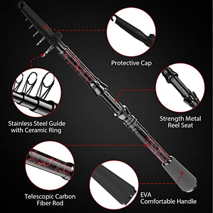 Fishing Rod and Reel Combos, Unique Design with X-Warping Painting, Carbon Fiber Telescopic Fishing Rod with Reel Combo Kit with Tackle Box, Best Gift for Fishing Beginner and Angler - color: Red, size: 1.8 m 5.91 ft (Bag)