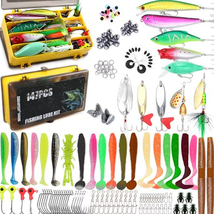 EXAURAFELIS Fishing Lures,Tackle Box with Tackle Included, Crankbaits, Spoon, Shrimp Worm Bait, Hooks,Weights & Other Accessories, Fishing Lures kit Lure Set for Bass Trout Salmon - color: 147pcs