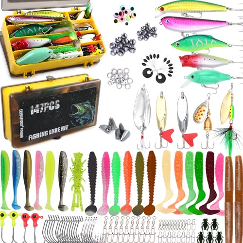 EXAURAFELIS Fishing Lures,Tackle Box with Tackle Included, Crankbaits, Spoon, Shrimp Worm Bait, Hooks,Weights & Other Accessories, Fishing Lures kit Lure Set for Bass Trout Salmon - color: 147pcs
