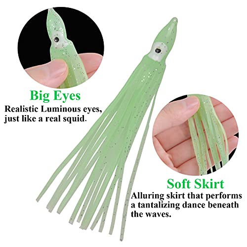 Fishing Squid Skirts Lures Octopus Skirts Trolling Lures Soft Plastic Fishing Tackle Squid Bait for Saltwater Bass Salmon Trout - color: Green (Luminous), size: 2.75in - 30pcs