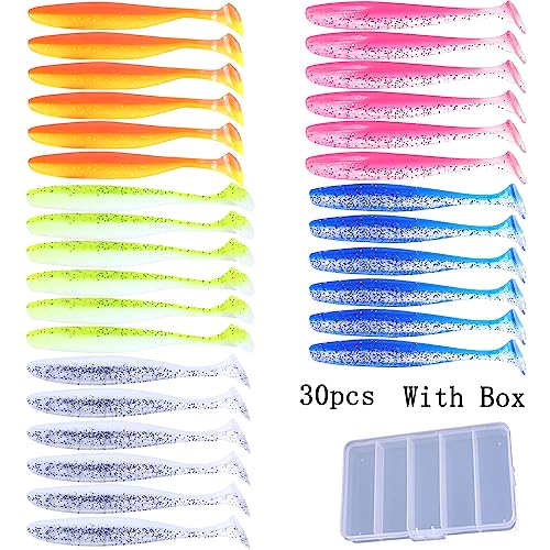 Paddle Tail Swimbaits,Soft Plastic Fishing Lures Swim Baits for Bass Fishing,30/50pcs with Box,Soft Plastic Swimbaits for Bass Trout Crappie Lures Kit for Saltwater Freshwater - color: D:3.54in/0.148oz-30pcs