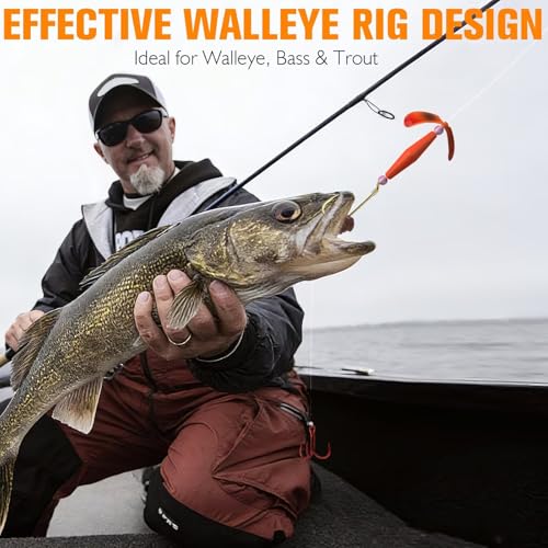 Dovesun Crawler Harness Walleye Rigs with Dual-Wing Blade, Float Walleye Spinner Rig for Slow Trolling (0.25 mph), Fluorocarbon Worm Harness, 2 Hook Walleye Fishing Rigs, 7 Pack - size: #4 Baitholder + #8 Treble Hook