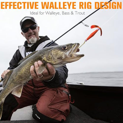 Dovesun Crawler Harness Walleye Rigs with Dual-Wing Blade, Float Walleye Spinner Rig for Slow Trolling (0.25 mph), Fluorocarbon Worm Harness, 2 Hook Walleye Fishing Rigs, 7 Pack - size: #4 Baitholder + #8 Treble Hook