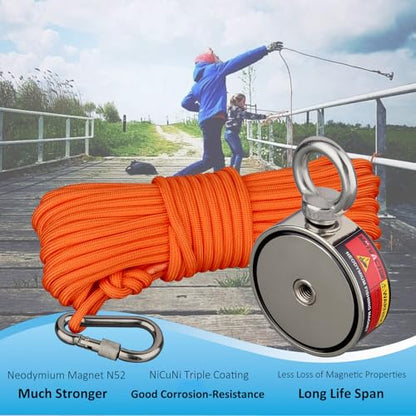 MUTUACTOR Fishing Magnet Kit Heavy Duty, Double Sided 1320lbs Rare Earth Magnets with 65Ft Salvage Rope, Super Strong Φ2.95'' Neodymium Magnet Fishing Kit for Retrieving Treasure in River - style: 1320lb Magnet(Double Sided)--Φ 2.95"