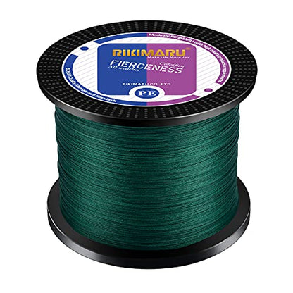 RIKIMARU Braided Fishing Line Abrasion Resistant Superline Zero Stretch&Low Memory Extra Thin Diameter 327-1094 Yds, 4-180LB - color: Moss Green, size: 327 Yds/0.40mm(8 Strands)/65LB