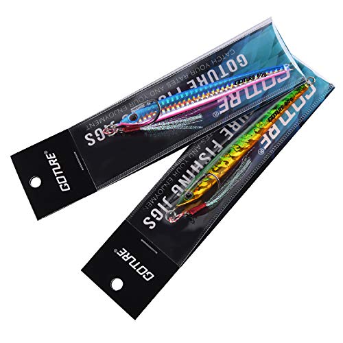 Goture Fishing Jigs Saltwater 60g-200g with Assist Hook, Glow Vertical Jigs, Speed Fast Lead Jig Sea Fishing Jigging Spoon Lures for Tuna, Salmon, Sailfish, Striped bass, Grouper Snapper, Kingfish - color: M1:4PCS Multi Colors Jigs with Cardboard Tube, si