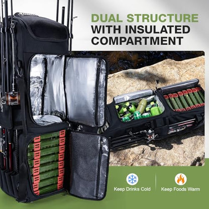 Goture 61L Large Fishing Backpack Tackle Bag, 3-Layer Organizer with Insulated Cooler Compartment & Expandable Mesh Pocket, Waterproof 600D Tactical Tackle Bag for Outdoor Anglers - color: A1:116L Black (Without Tackle Box)