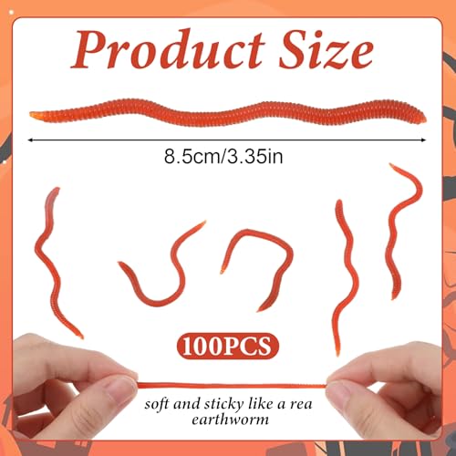 100 Pcs Fake Worms Soft Lure Trout Worm Earthworm 3.35 in Faux Lifelike Stretchy Rubber Earthworms Trick Toy Fishing Lures Baits for Halloween Sensory Bin April Fool's Day Party