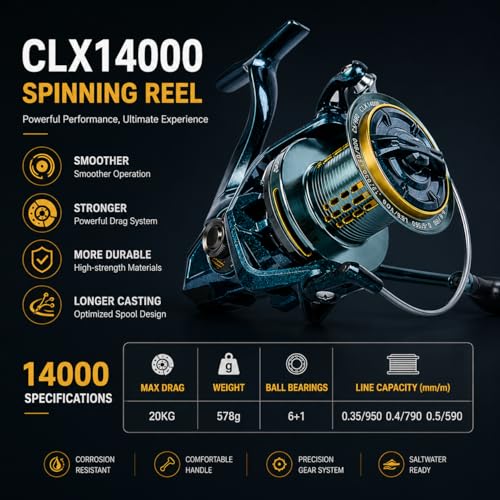 Saltwater Spinning Reel 14000, 44Lbs Max Drag Surf Fishing Reel with Screw-in Handle, Slow Oscillation System for Bass Catfish Inshore Offshore Saltwater Freshwater - color: CLX14000
