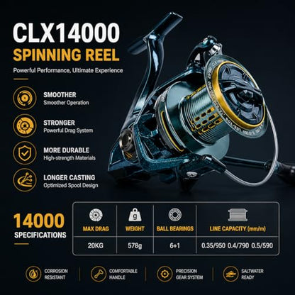 Saltwater Spinning Reel 14000, 44Lbs Max Drag Surf Fishing Reel with Screw-in Handle, Slow Oscillation System for Bass Catfish Inshore Offshore Saltwater Freshwater - color: CLX14000