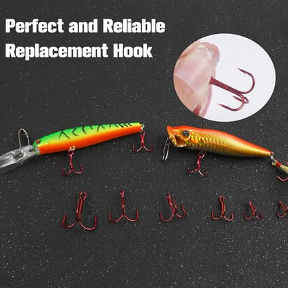 50 Pack Fishing Treble Hooks Kit High Carbon Steel Fish Hook Strong Sharp Round Bend Split Rings for Lures Baits Saltwater Freshwater Fishing Size 1/0 2 4 6 8 10 - color: Red, size: 4# - 50pcs