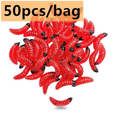 50pcs-1Inch Bass Fishing Worms Lures,Silicone Soft Maggot Baits Bread Worm Fishing Lure,5 Color - color: Red