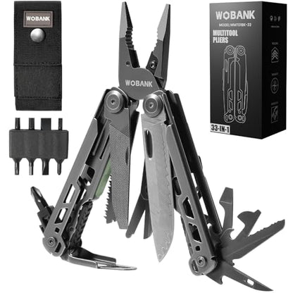 Multitool, 33-in-1 Stainless Steel Multi Tool Pliers with Screwdriver Sleeve, Damascus Pocket Knife, Nylon Sheath for Outdoor, Survival, Camping, Hiking, Simple Repair - size: 33-in-1