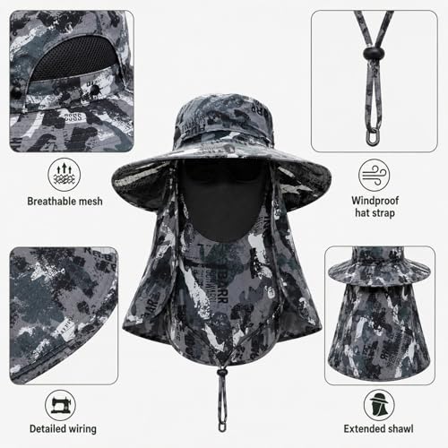 Sun Hat Unisex Face Coverage Shield Neck Flap Cap Garden Lawn Work Sports Hiking Fishing Hats - color: Dark Gray Graffiti