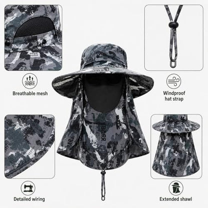 Sun Hat Unisex Face Coverage Shield Neck Flap Cap Garden Lawn Work Sports Hiking Fishing Hats - color: Dark Gray Graffiti