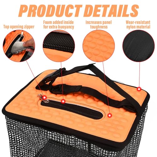 XhuangTech Floating Fishing Basket, Collapsible Fish Basket Portable Fishing Net Storage Cage for Live Caught Fish, Foldable Rubber Coated Bait Minnow Bucket 3.5/10 Gallons Live Well, Orange - size: Small