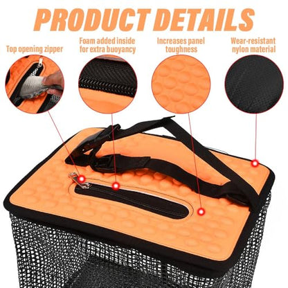XhuangTech Floating Fishing Basket, Collapsible Fish Basket Portable Fishing Net Storage Cage for Live Caught Fish, Foldable Rubber Coated Bait Minnow Bucket 3.5/10 Gallons Live Well, Orange - size: Small